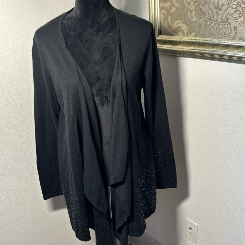 KASPER Separates Sz L black open‎ 100% cotton light cardigan sequin detailing
